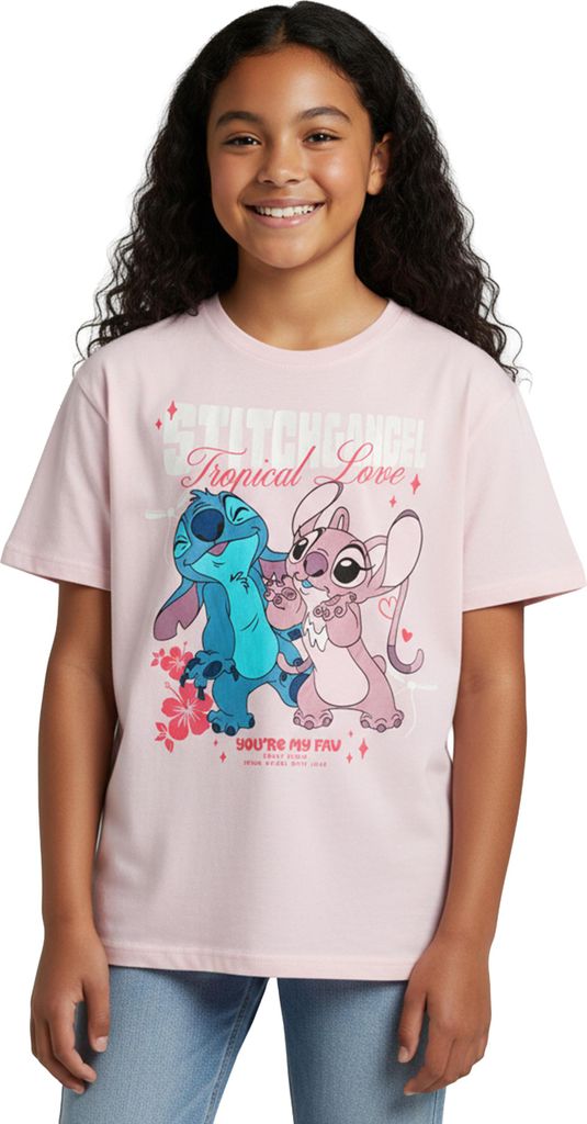 Disney Lilo & Stitch T-Shirt für Mädchen - Tropical Love Oberteil Kinder Shirt kurzärmlig Rosa 146-152