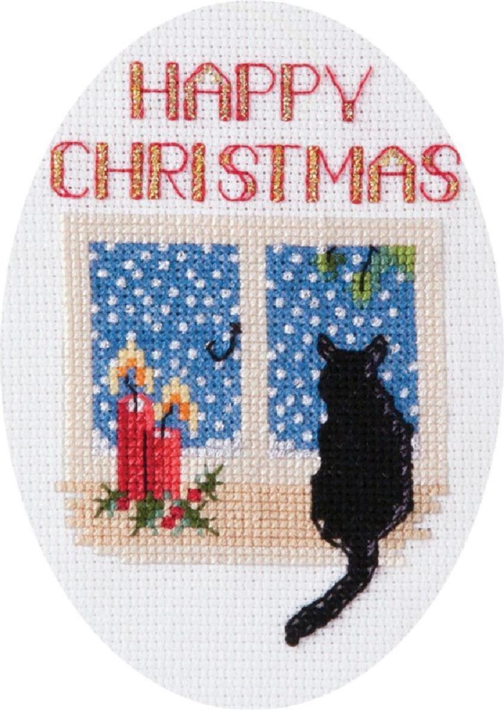 Bothy Threads Grußkarte Kreuzstich-Set "Weihnachtskatze", 9x13.3cm, DWCDX48, Zählmuster