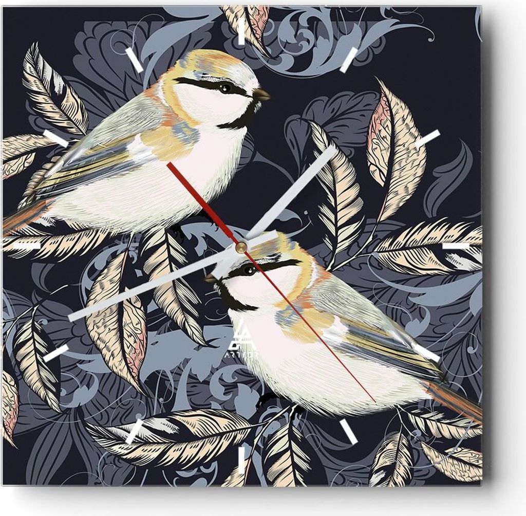 Wanduhr - Quadrat - Glasuhr - Vögel Blätter Ornament - 40x40cm - Schleichendes Uhrwerk - Lautlos - zum Aufhängen bereit - Dekoration Modern - Wa...