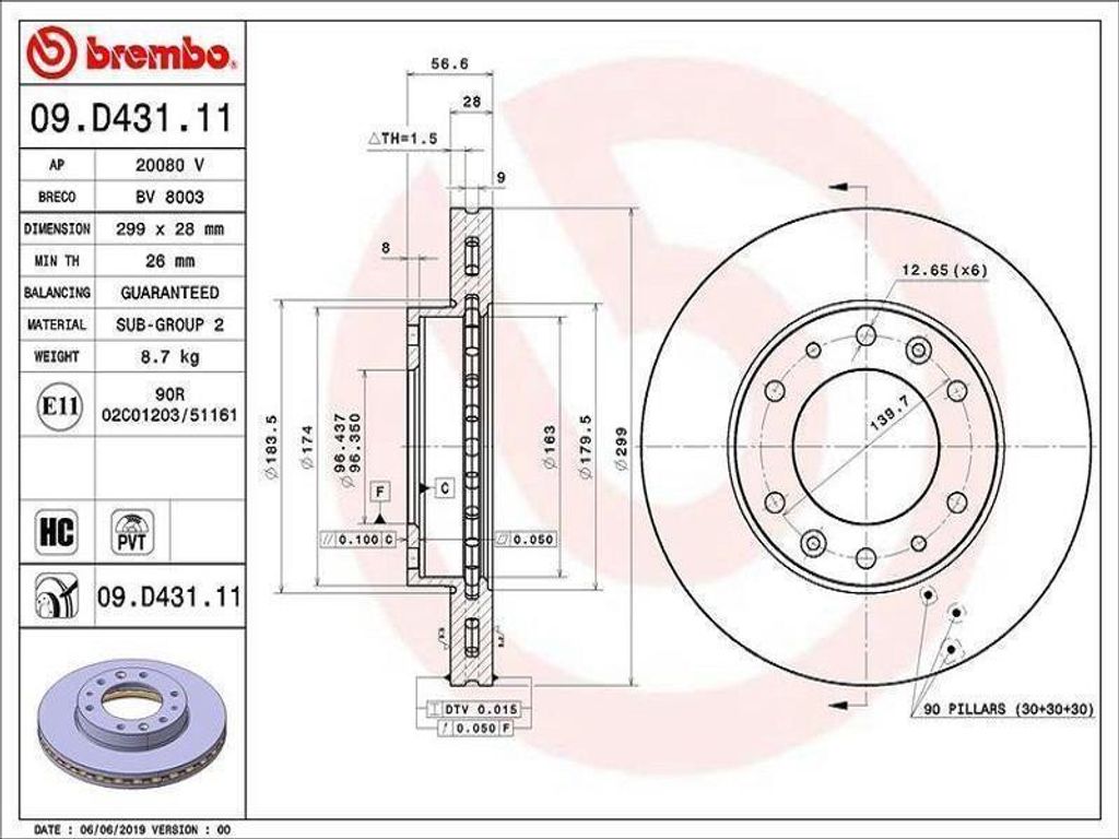 2x BREMBO Bremsscheibe 09.D431.11 für HYUNDAI H350 Kasten H350 Bus 57mm 299mm