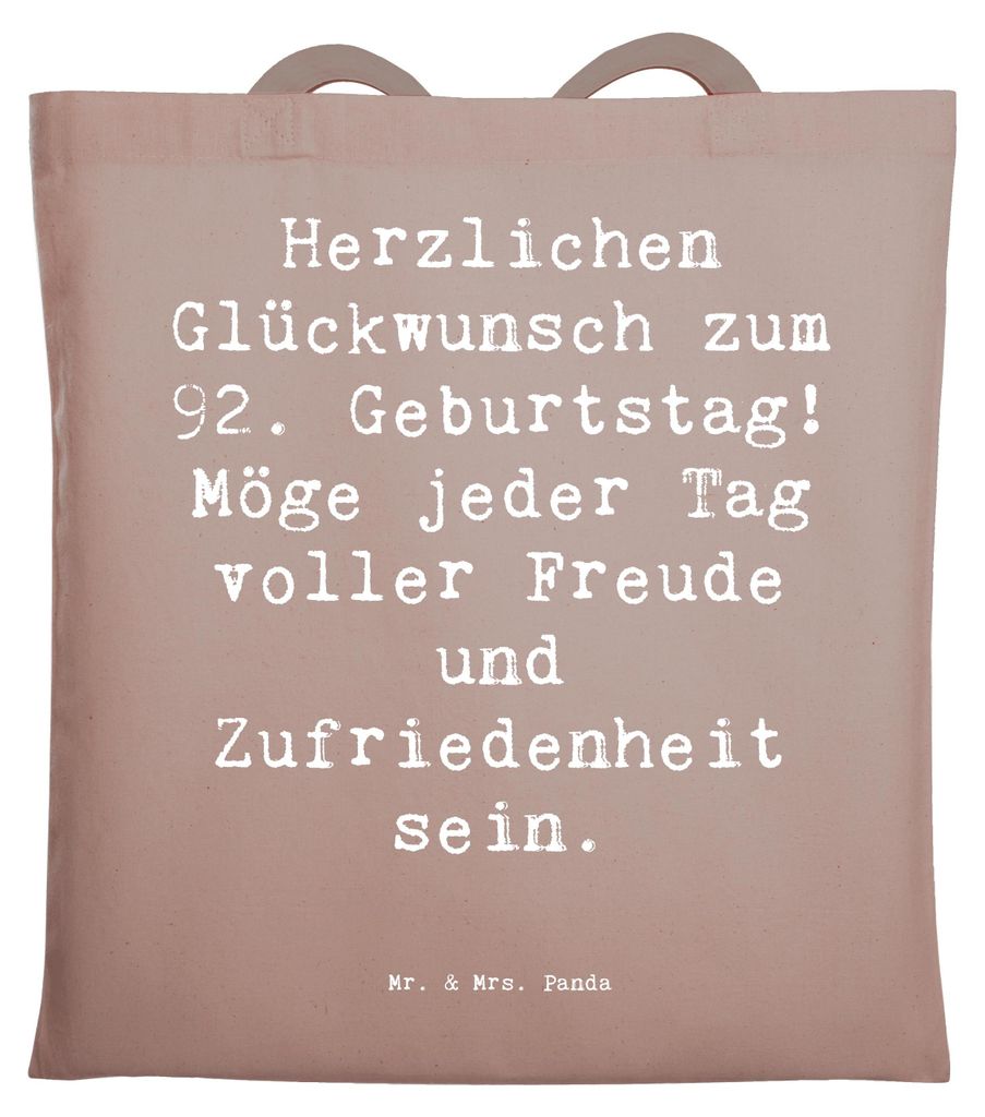Mr. & Mrs. Panda Shopping Tasche Spruch 92. Geburtstag Freude - Braun Pastell - Geschenk, totebag, liebevoll handgefertigt, Momente, Jutebeutel, Ha...