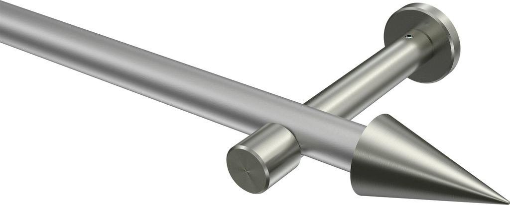 Interdeco Gardinenstange / Vorhangstange Silbergrau / Edelstahl-Optik, Typ Prestige Savio (Kegel) ohne Ringe, 20 mm Ø 1-läufig, 420 cm