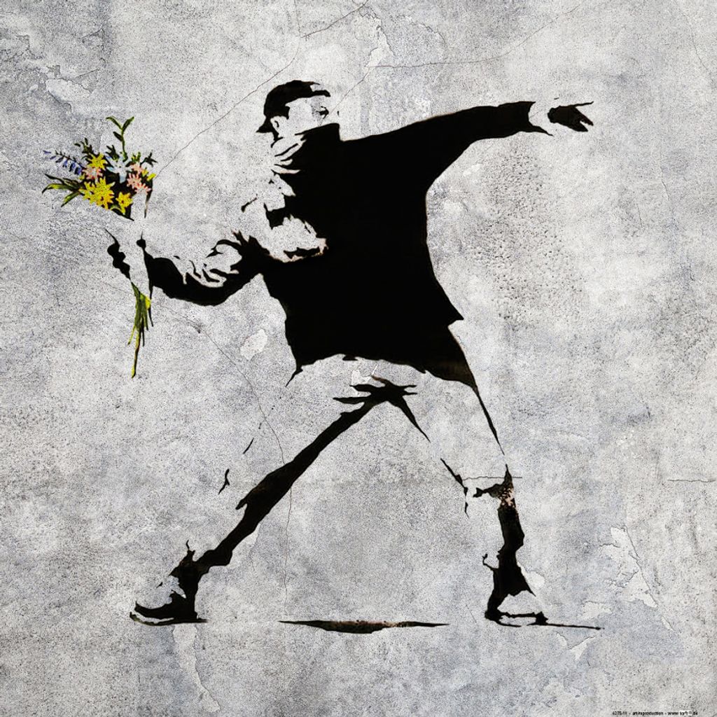 Banksy Kunstdruck Bild - Der Blumenwerfer, Graffiti Streetart (40 x 40 cm)
