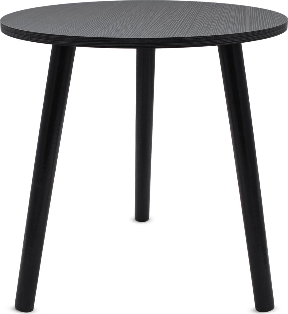 A black round side table with three legs on a white background.