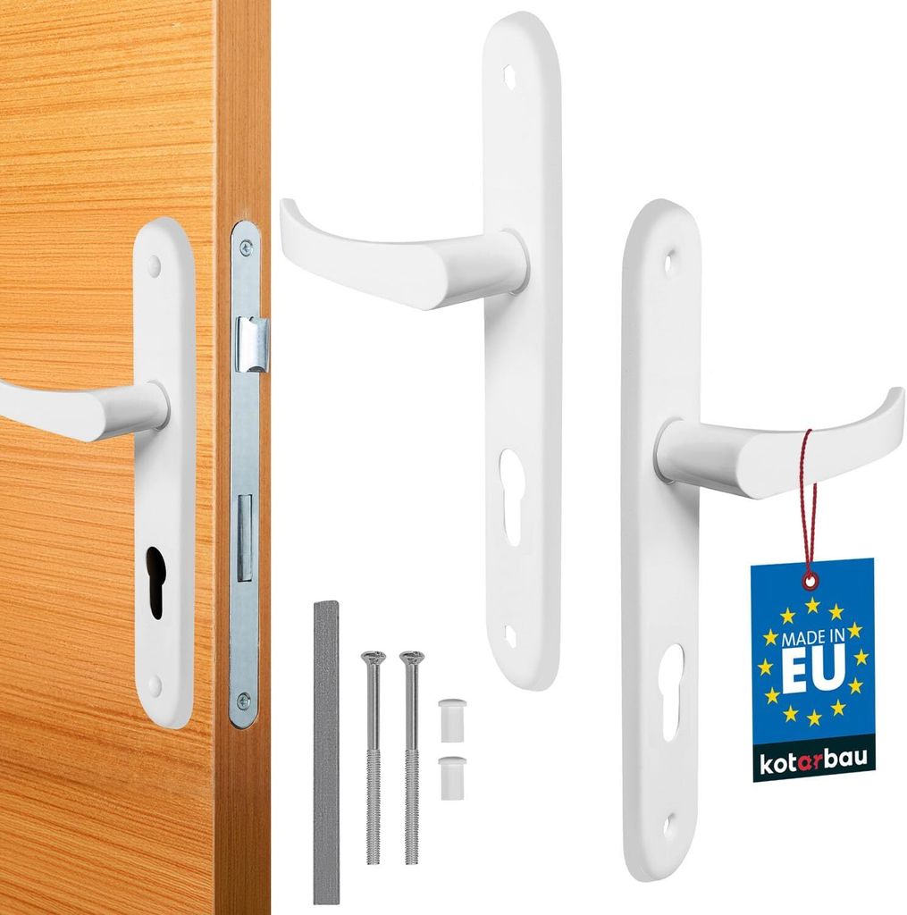 A set of white door handles and lock mechanisms are displayed against a white background, with one handle attached to a wooden door.