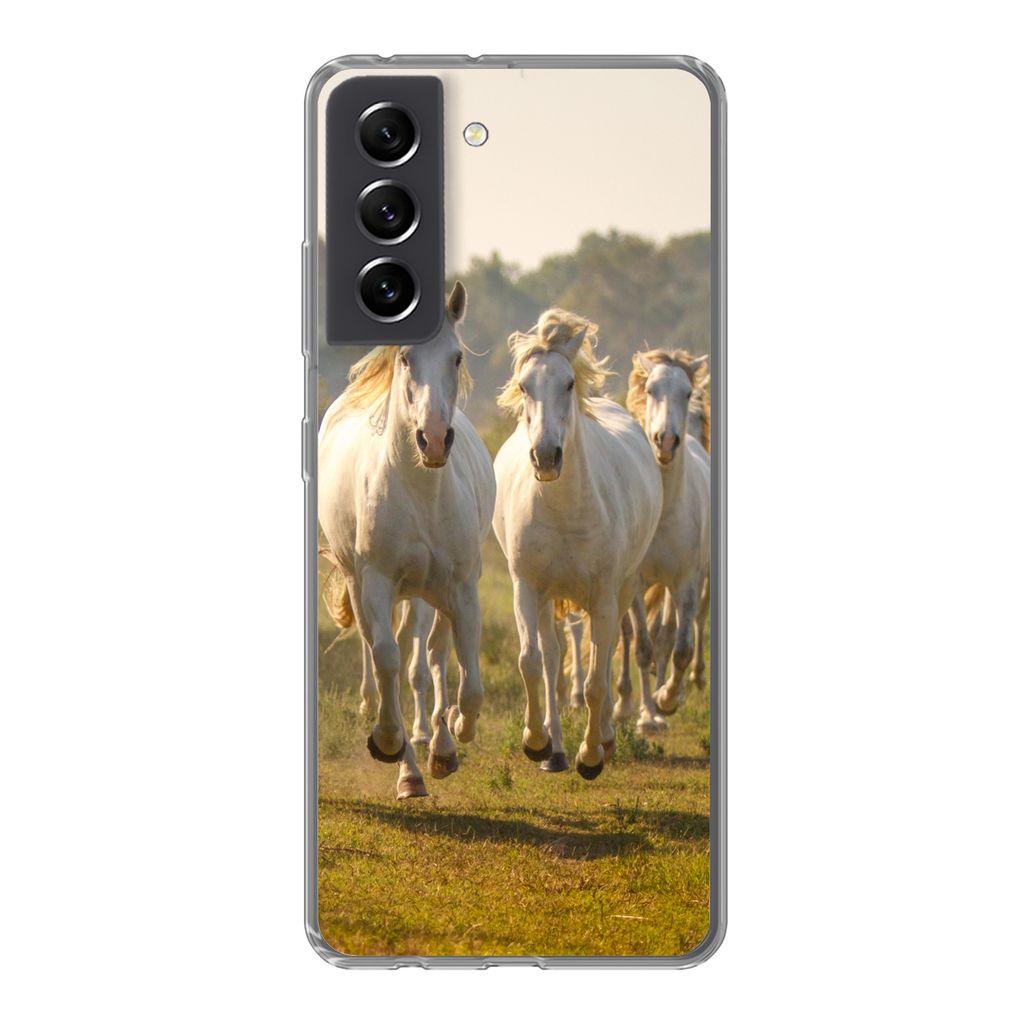 MuchoWow Handyhülle Schutzhülle Hülle für Samsung Galaxy S21 FE Galoppierende weiße Pferde Silikon Softcase Handy Hülle - Mobiltelefonhülle