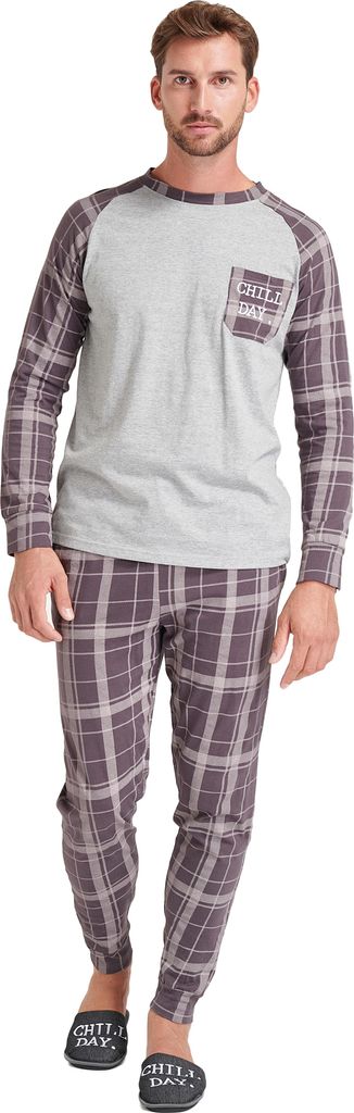 Sorbetto langer stylischer Herren-Pyjama aus Baumwolle Karo-Muster in Braun/ Grau, Gr. M