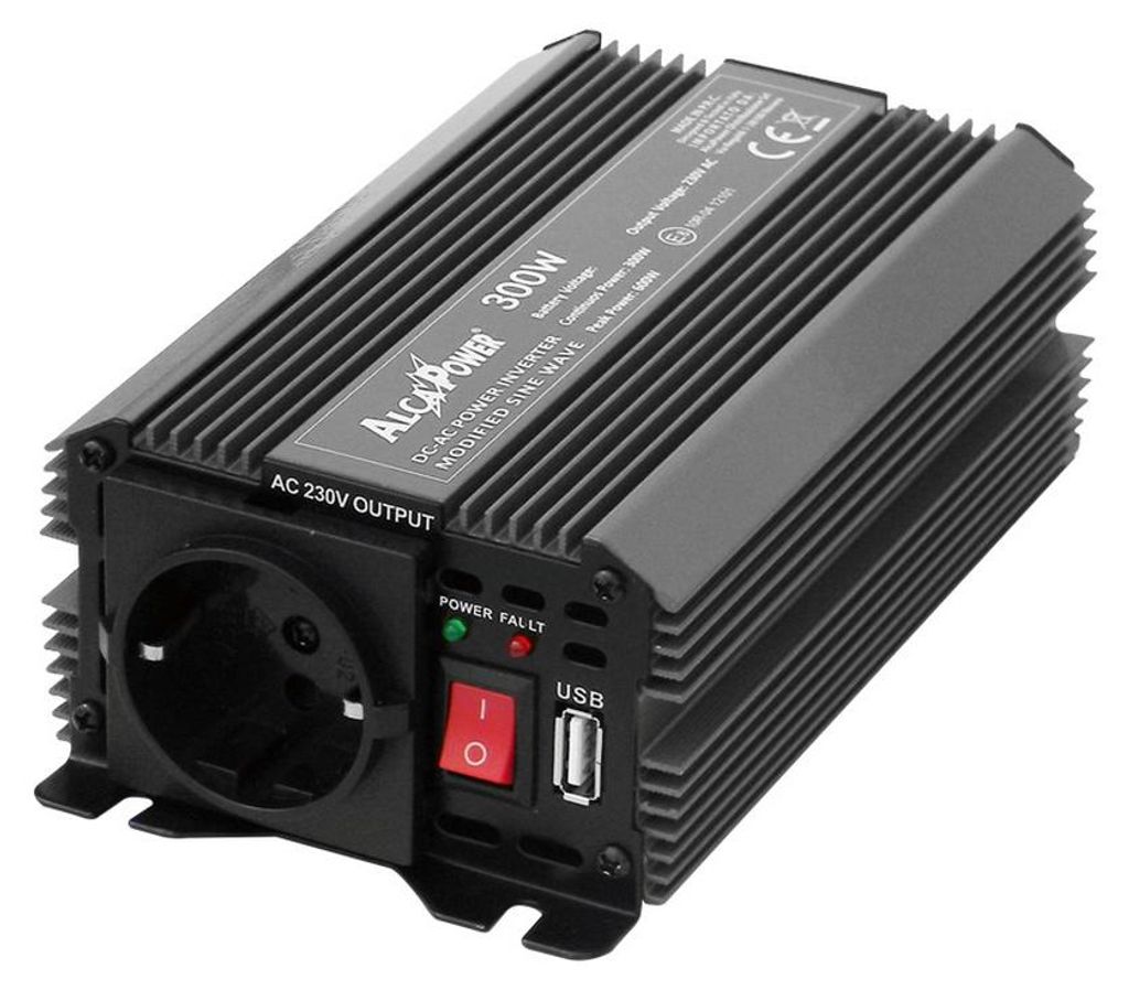 Alcapower Wechselrichter Soft Start 300W 12V-230V, USB, Überlast- u. Kurzschlussschutz für Autos, Wohnmobile und Boote.