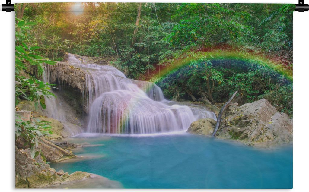 MuchoWow Wandteppich Wandbehang Regenbogen - Sonne - Wasserfall - Natur 90x60 cm Tapisserie Dekoration Wandtuch - Wandskulpturen - Bildteppich