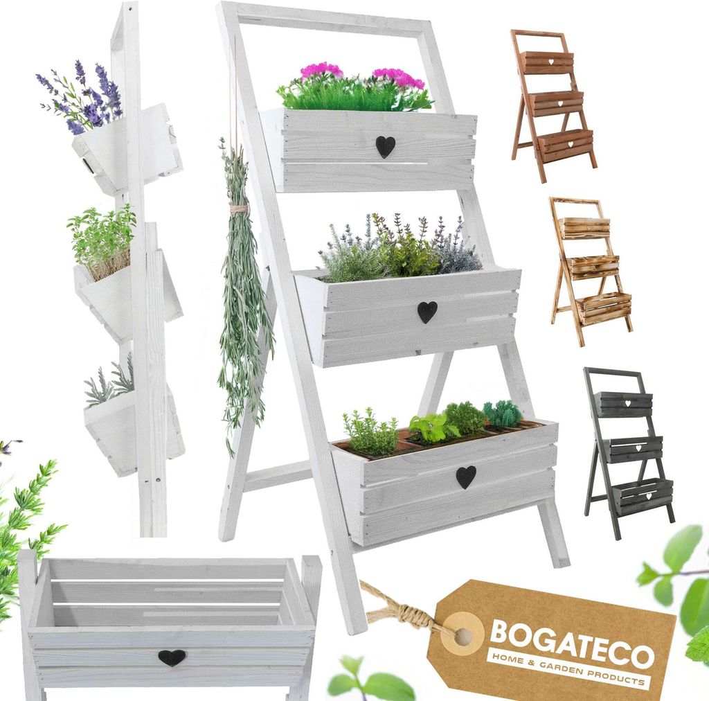 BOGATECO Set mit 3 Blumentöpfen auf einem Ständer 110cm | 3er Set Blumentopf Pflanzkübel 40x18cm | Holz Blumenkübel für Tomaten und Blumen, Pf...