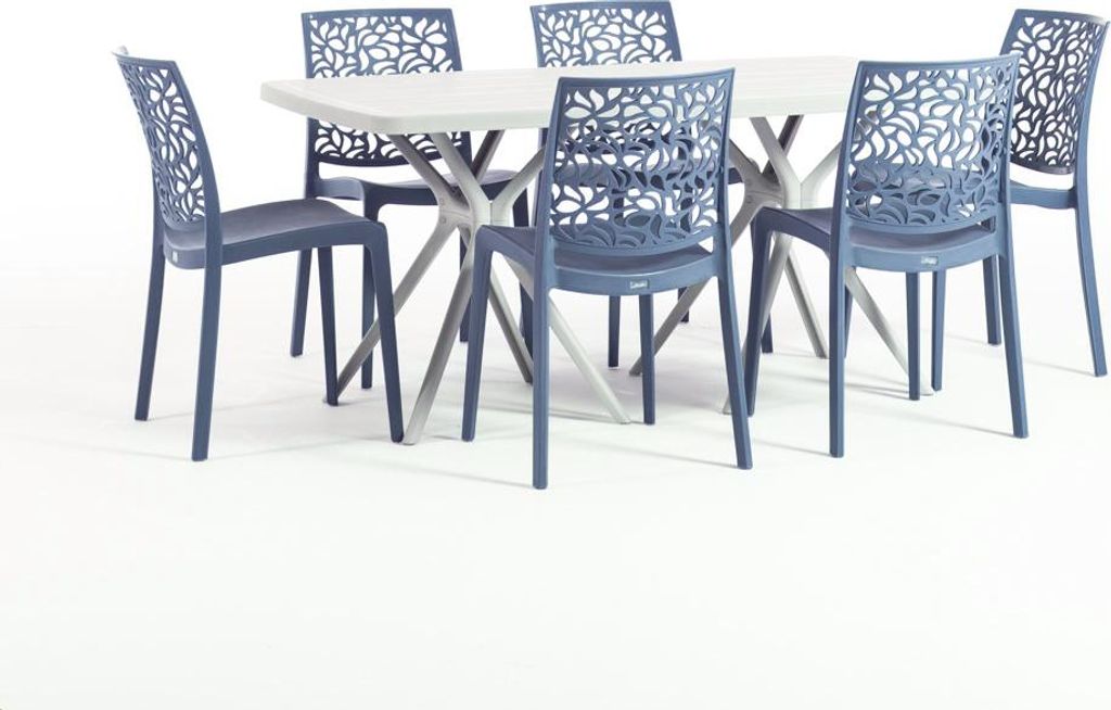 Outdoor-Essset mit rechteckigem Tisch 158x84 cm und 6 stapelbaren Stühlen aus glasfaserverstärktem Harz – modernes, farbenfrohes Design, ideal ...