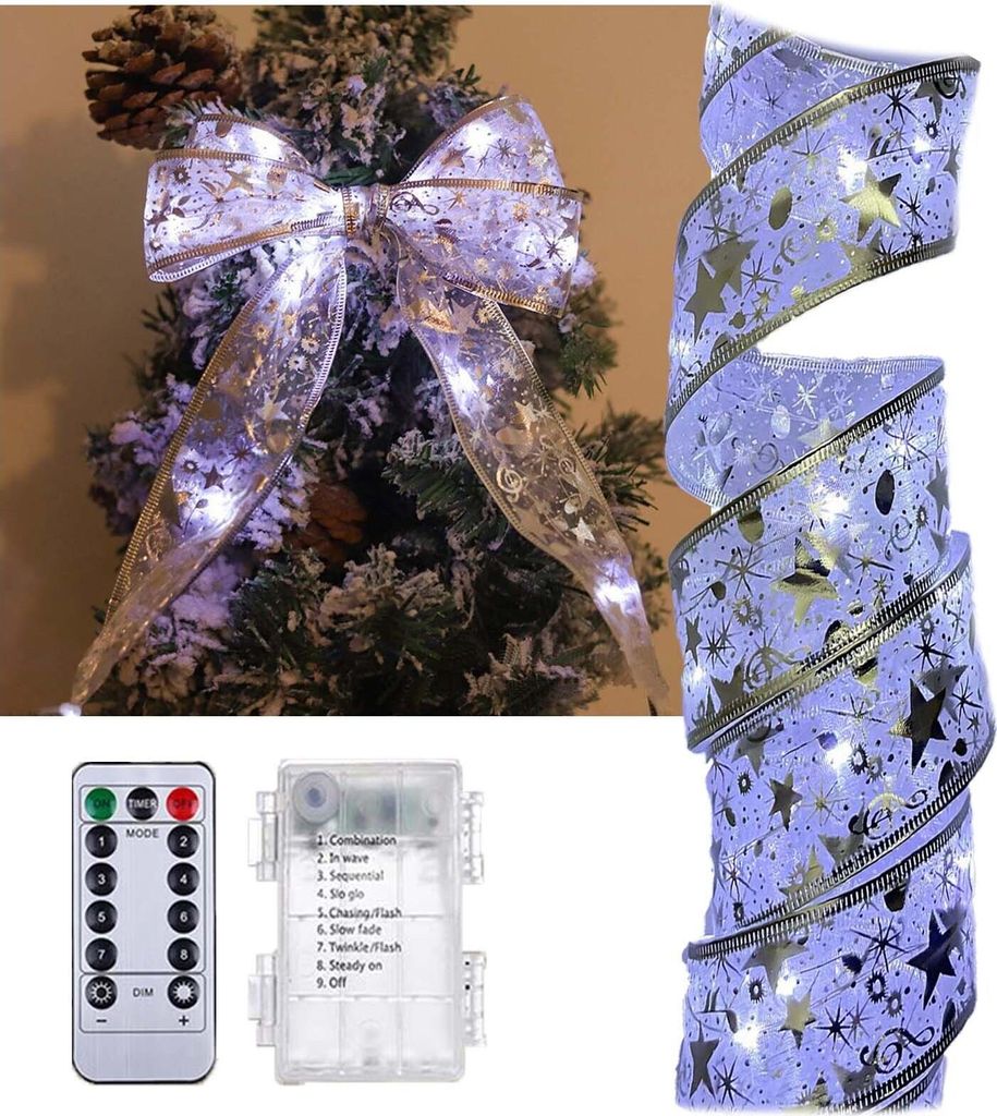 Weihnachtsbaum-Lichter LED Seidenband 100 Leds LED-Streifen mit Fernbedienung,8 Modi,Timer,10 M,Silber (Kaltweiß)