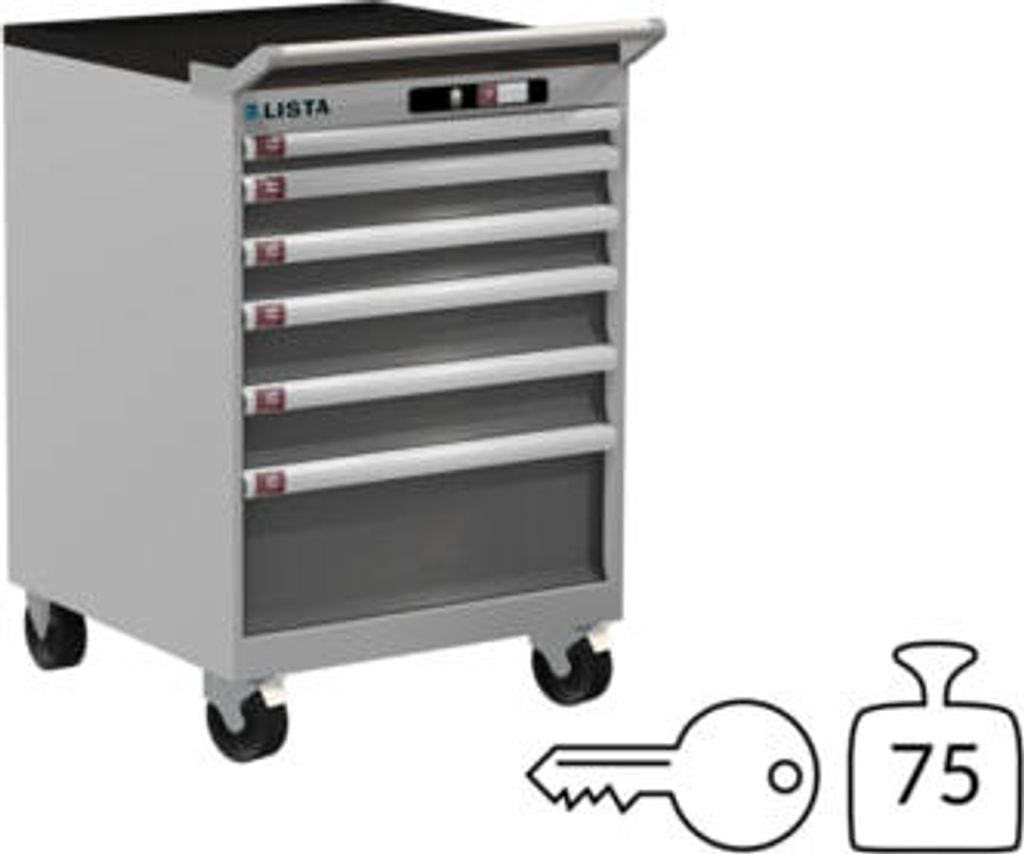 Lista Schubladenschrank - fahrbar - - 14.247.519 - 890 x 564 x 572 mm (HxBxT) - 6 Schubladen - 75 kg - Key Lock - RAL 7035/NCS S 6502-B