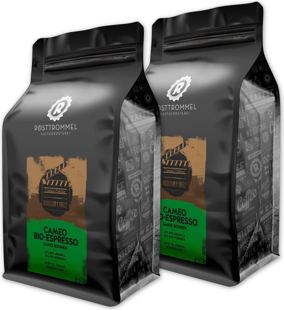 RÖSTTROMMEL Cameo, -ESPRESSO, Ganze Kaffee-Bohnen 2x1kg, 50% Arabica, 50% Canephora, Röstung 8/10, 50% Peru, 50% Indien, Geschmack: cremig - Ital...