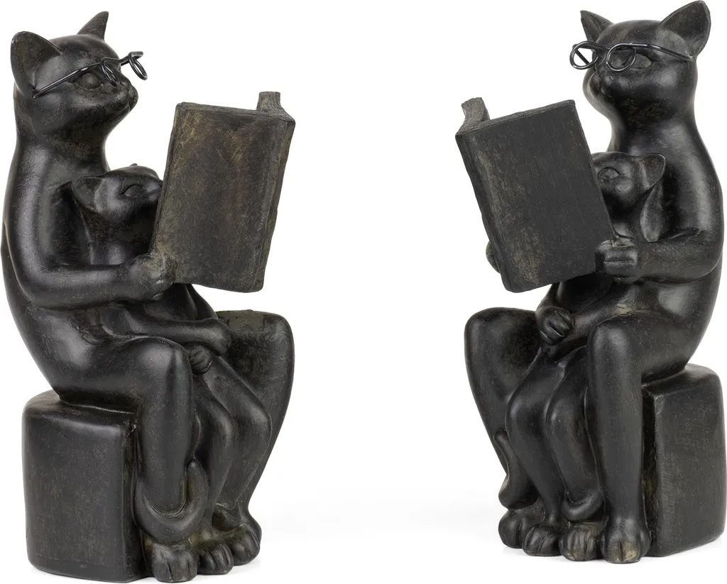 Serre-livres Chat à Lunettes en Résine Noire - Lot de 2 Figurines 15,5cm