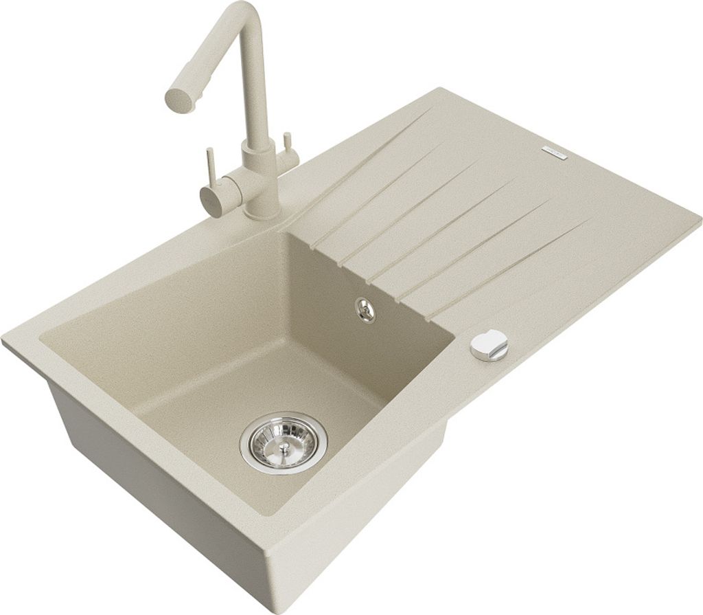 Mexen Cesar 1 Becken-Granitspüle mit Abtropffläche und Mischbatterie Duero, Beige - 6514-69-671600-69