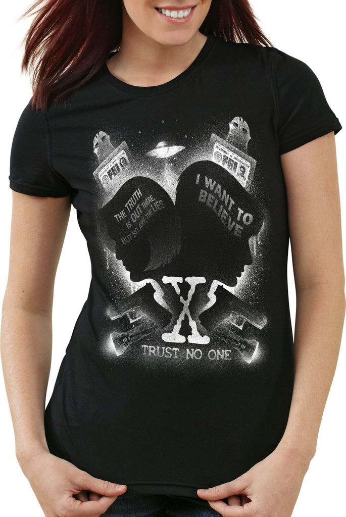 style3 X-Agents Damen T-Shirt fbi alien ufo, Farbe:Schwarz, Größe:S