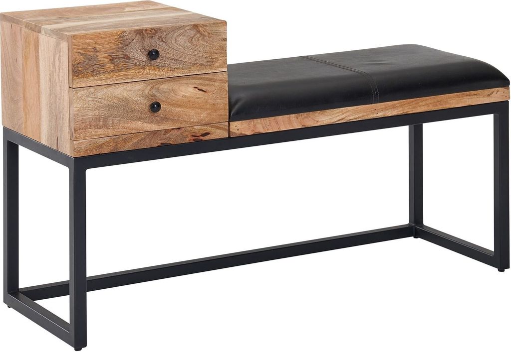 Sitzbank Ziegenleder / Massivholz Bank 100x60x35 cm im Retro Stil, Flur Polsterbank Metall mit Stauraum, Gepolsterte Lederbank Aufbewahrung Schwarz...