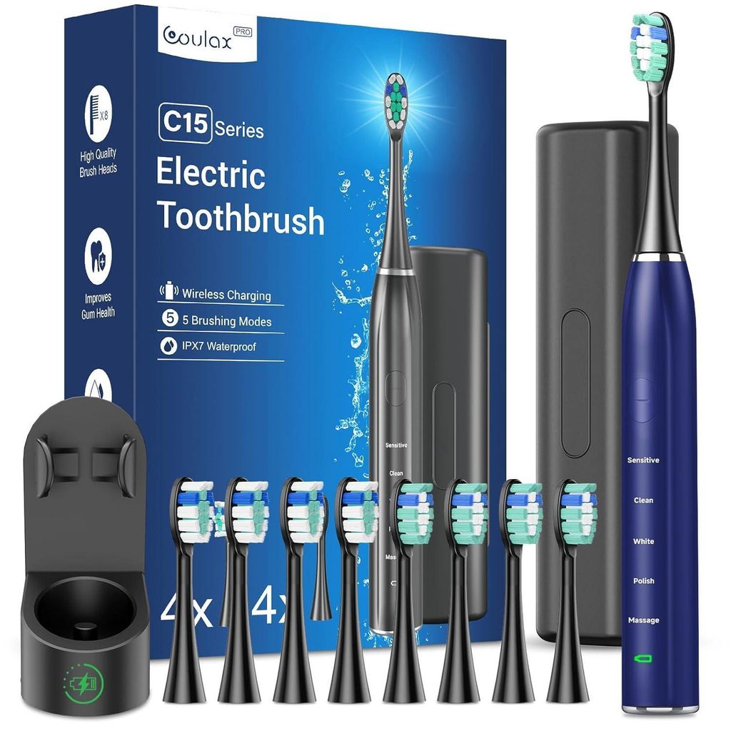 Elektrische Zahnbürste Schallzahnbürste für Erwachsene - Whitening Ultraschall mit Reiseetui und Ladestation, Mit 8 Bürstenköpfe, 5 Putzmodi, ...