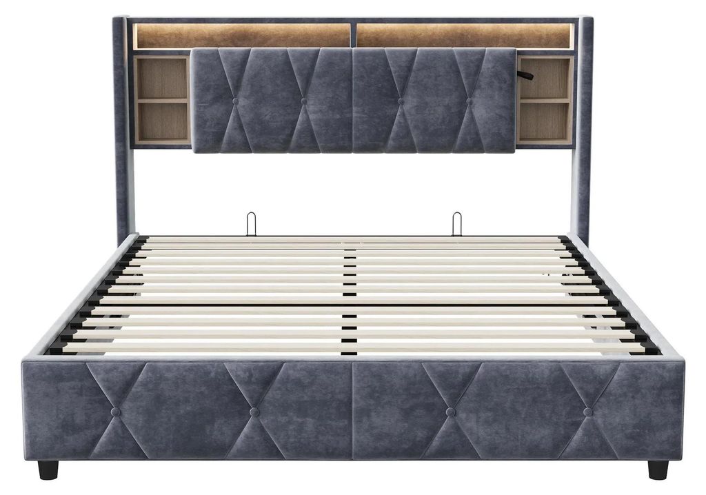 Polsterbett - Doppelbett 160×200 cm - Samt - Kopfteil mit Stauraum - LED & USB - Holzgestell - Dunkelgrau