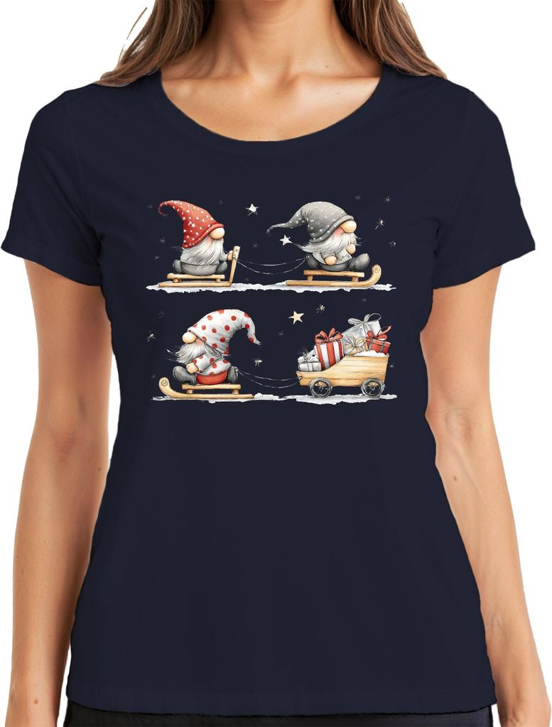 Weihnachtswichtel Schlitten Geschenke Sterne Schnee Niedlich Damen T-Shirt, Navy, S