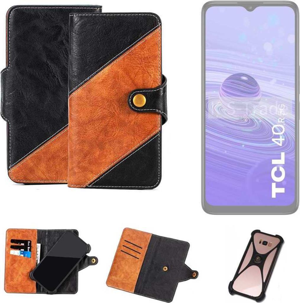 K-S-Trade Handyhülle Schutzhülle Bookstyle Case Wallet-Case kompatibel mit TCL 40 R 5G Handy Cover Bumper Klapphülle schwarz hellbraun 1x