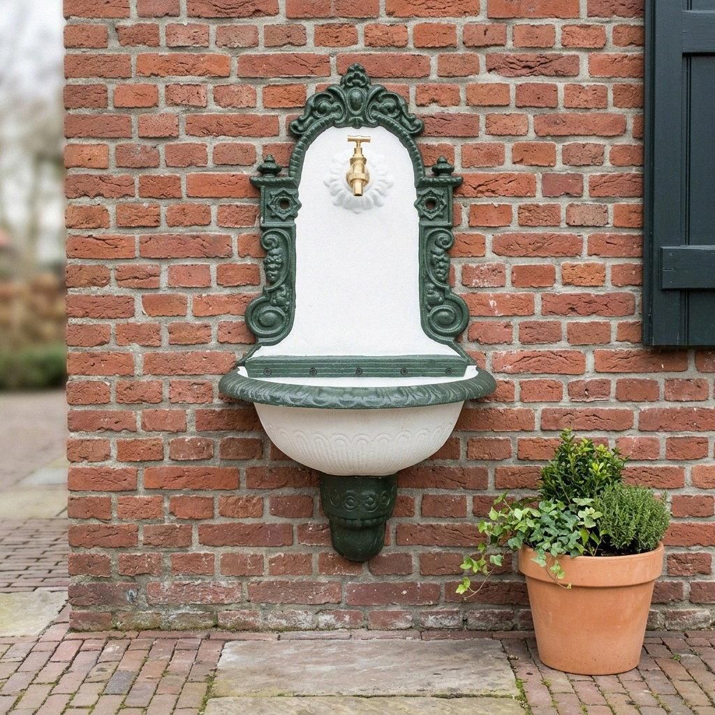 Wandbrunnen Gusseisen grün weiß lackiert mit Messinghahn, Produktbild 