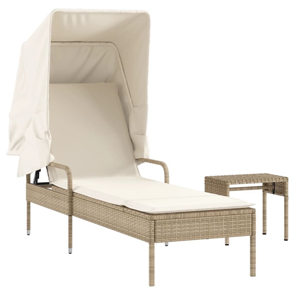 "im Sonderangebot"Liegestuhl/Relaxliege - Sonnenliege mit Dach und Tisch Beige Poly Rattan - 62x200x130cm - 62x200x130cm - Gartenliegen DEMöbel402173