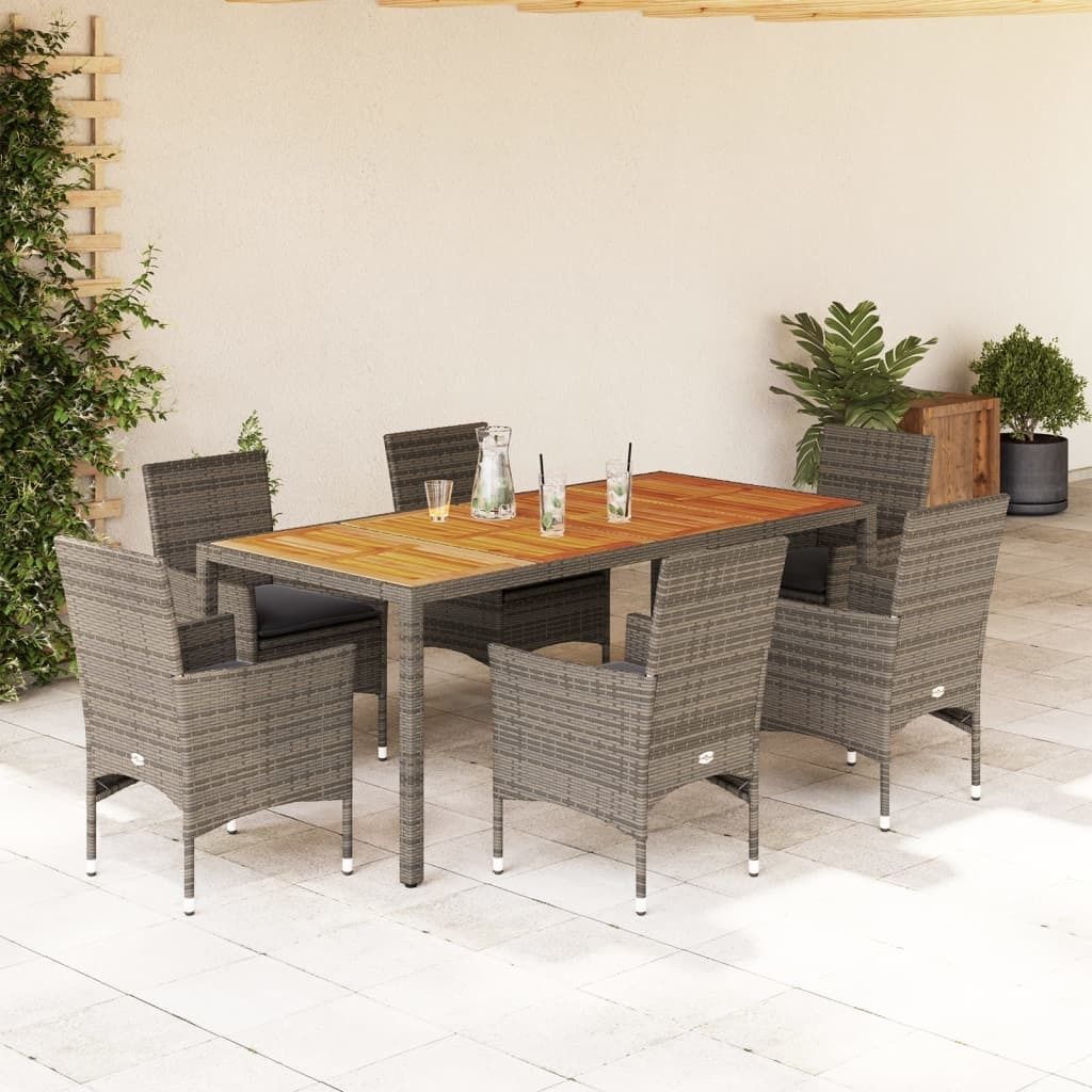 "Rabatt" 7-tlg. Garten-Essgruppe - mit tishe & Stuhl - mit Kissen Grau Poly Rattan Akazie - Lounge-Dining set CC10911