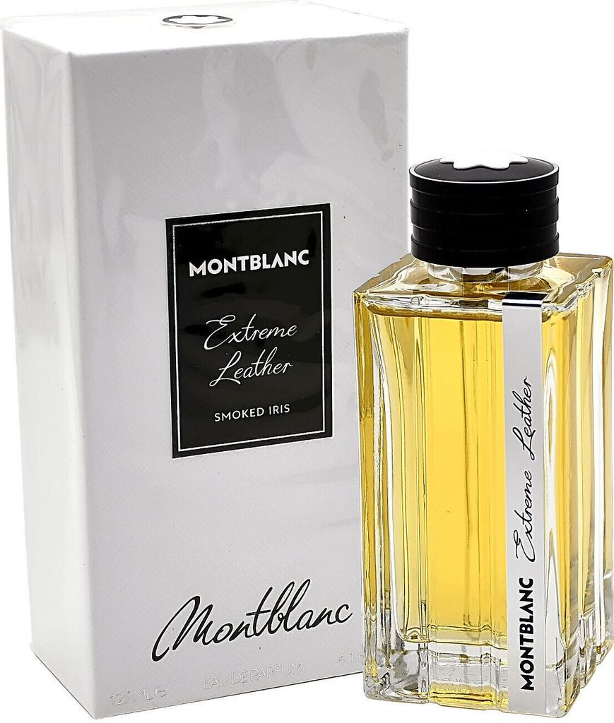 A bottle of Mont Blanc Extreme Leather Eau de Parfum and its packaging are displayed against a white background.