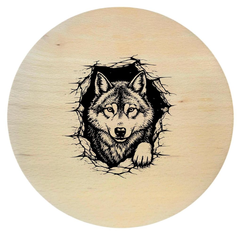 Rundes Buchenholzbrett mit Wolfsgravur – rustikales Holzbrett, 20 cm