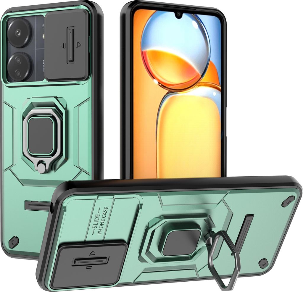 Hülle für Xiaomi Redmi 13C 4G/Poco C65 Dual Layer Handyhülle Schiebe Kamera Schutz und Ringhalter Ständer Grün