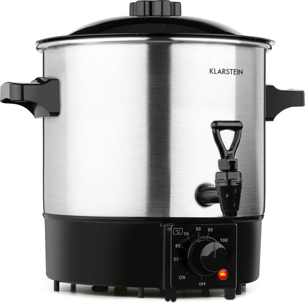 A stainless steel electric kettle with a black lid, handles, and base, featuring a tap and a control panel with temperature settings.