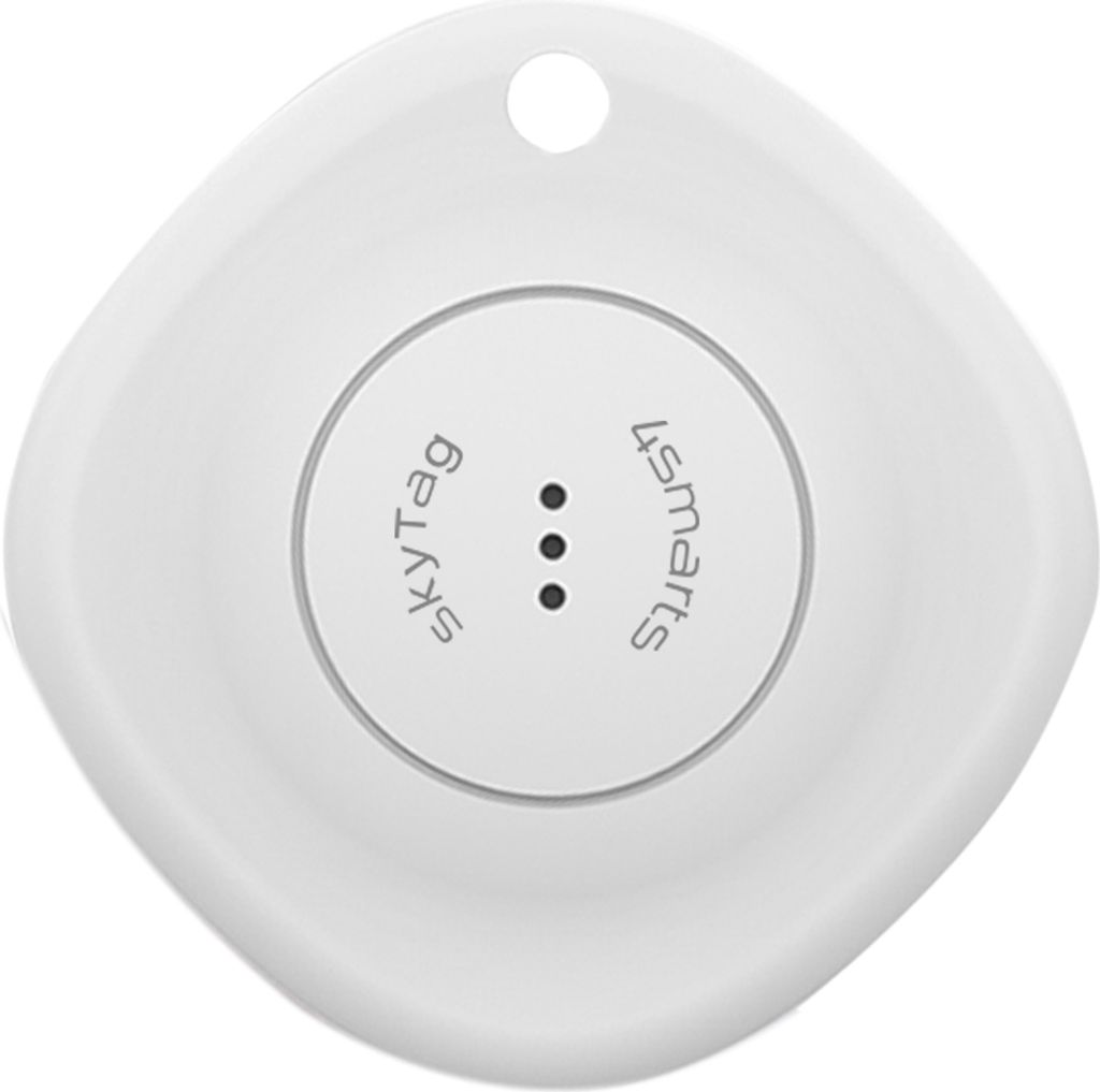 A white Bluetooth tracker with text on it.