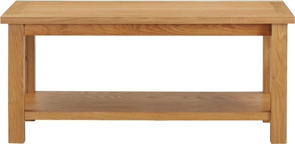A front view of a wooden coffee table with a shelf.