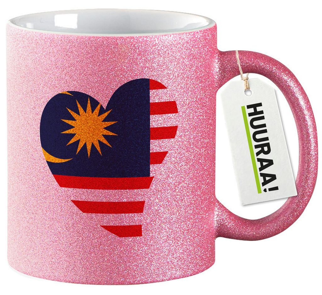 Huuraa Glitzertasse Malaysia Flagge Herz 330ml Pink Keramik Kaffeebecher Geschenkidee