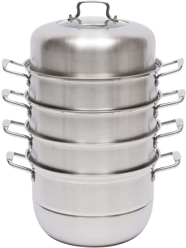 A stack of stainless steel steaming pots with a lid.
