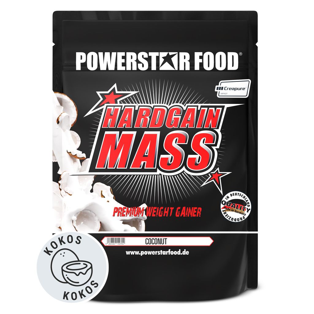 Powerstar HARDGAIN MASS 1600g | PREMIUM WEIGHT GAINER ohne Zucker-Zusatz | Masse, Kraft & Muskelaufbau | Mass Gainer Shake mit Kreatin | Coconut