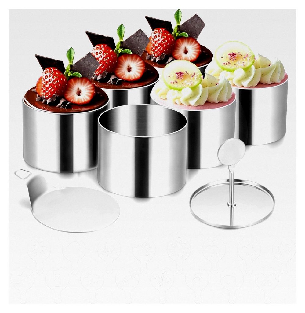 Dessertringe Set 6 Stück (Ø7,5 cm) mit Deckel & Basis sowie 16 Schablonen, Edelstahl Servierringe für Mousse, Tortenring klein zum Backen und An...