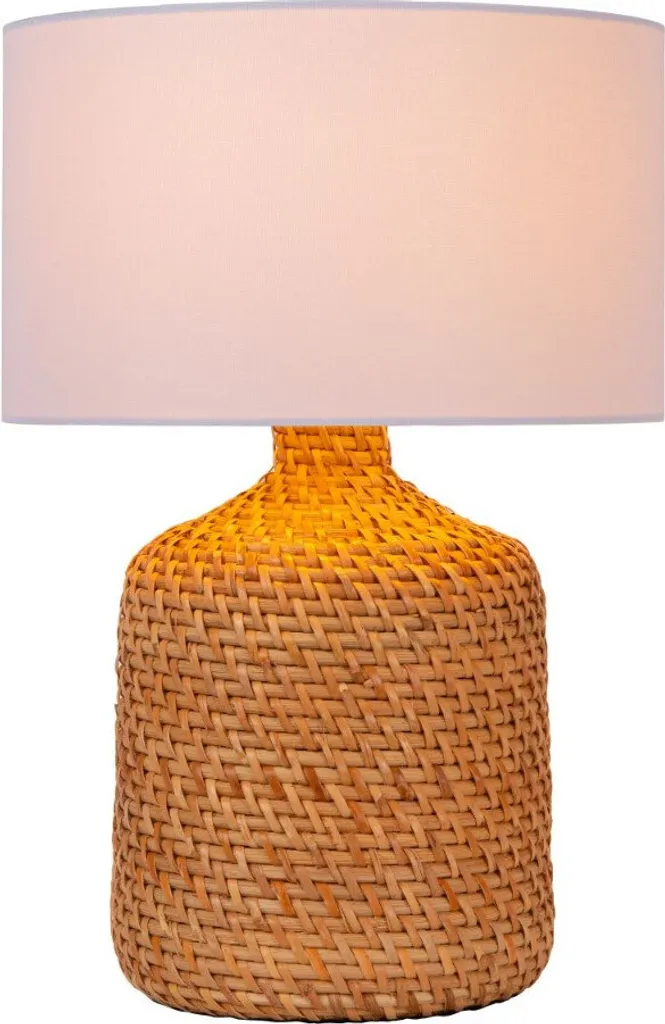 Lampe de table Arrah Lucide en rotin tressé et abat-jour blanc E27