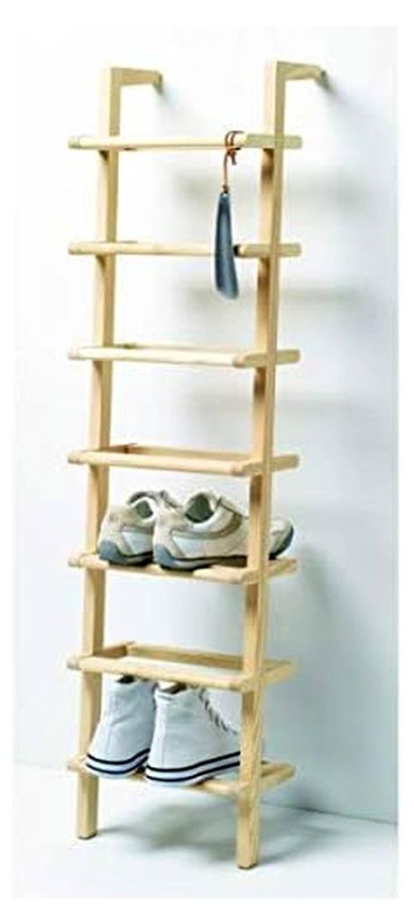Schuhregal Lady Long, 116 cm hoch, 23 cm tief, aus massiver Esche und Metall, mit 3 Ablagen