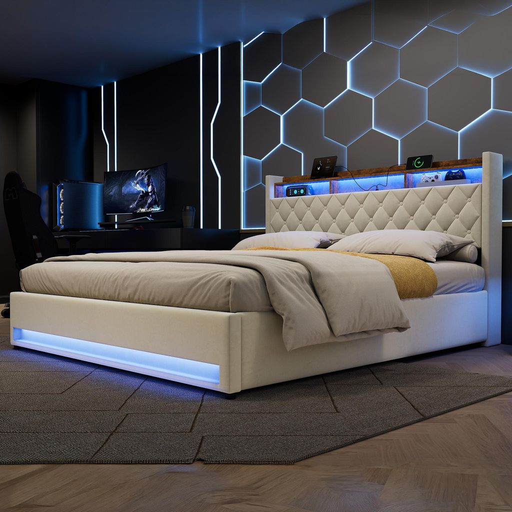 okwish Čalouněná postel 180×200 cm s LED osvětlením a USB Obrázek produktu 