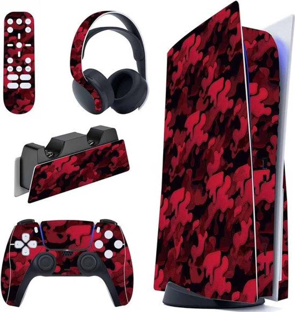 Pack Protection PS5 Complet Noir Rouge Camouflage avec Housse Accessoires