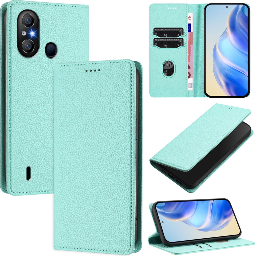 Litchi Leder Handyhülle für Itel A58 Lite / A49 Play Wallet Kartenfächer Standfunktion Hülle Türkis