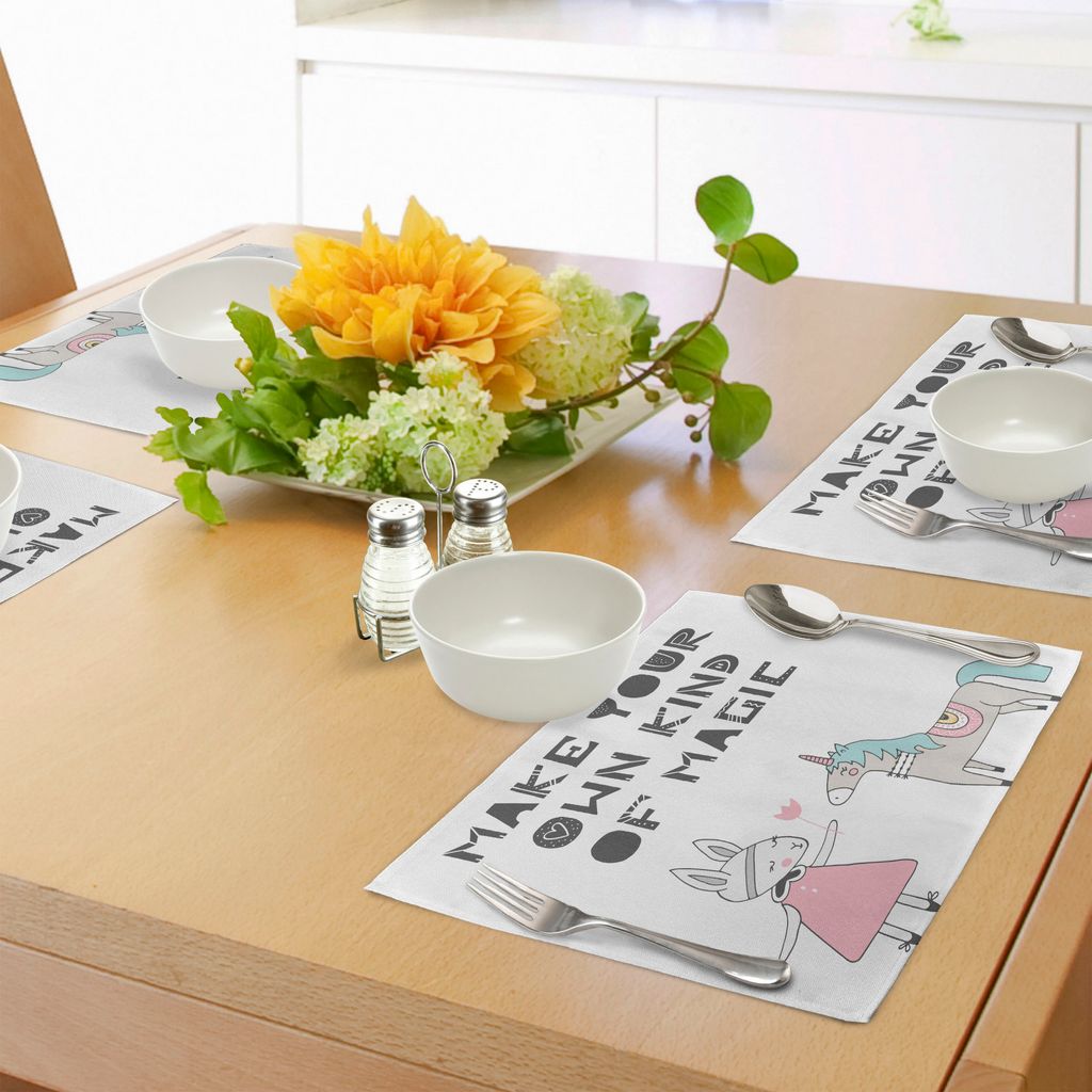 ABAKUHAUS Kindergarten Platzmatten, Häschen in einem Kleid mit Einhorn im skandinavischen Stil und motivierende Magic Quote, Tiscjdeco aus Farbfes...