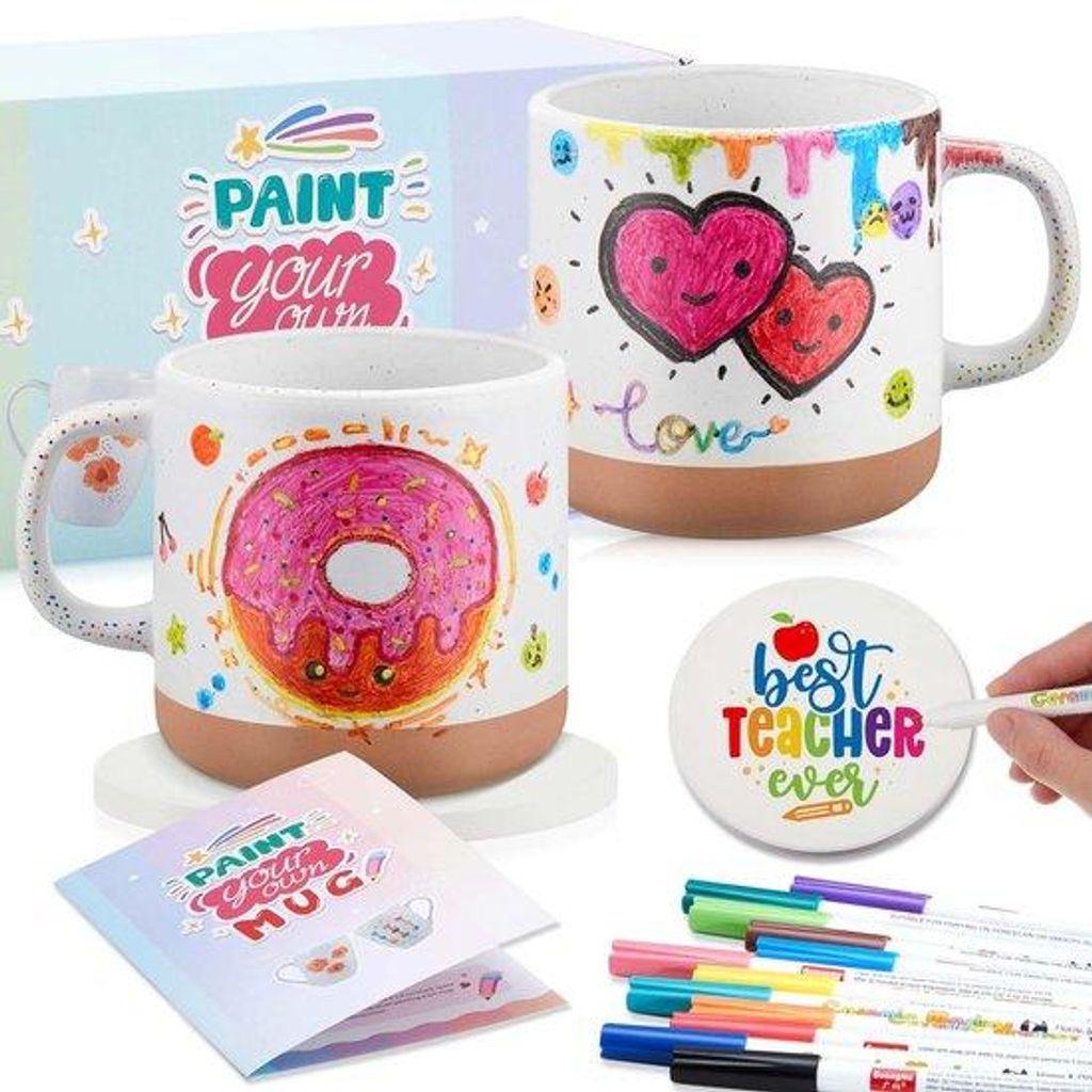 Keramische Mokken-Set, 2 Mokken, 2 Onderzetters, 12 Porseleinen Pennen, Wit, Blanco, Keramisch, DIY Cadeau
