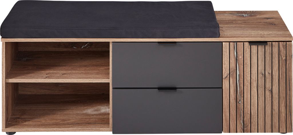 Große Garderobenbank modern LORIENT-36 in Cosmos grau matt mit Flagstaff Eiche Umbra Nb., B/H/T ca. 134/51/38 cm