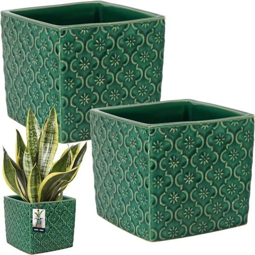 Lot de 2 pots de fleurs carrés en céramique bleue vintage 13x13 cm émaillés