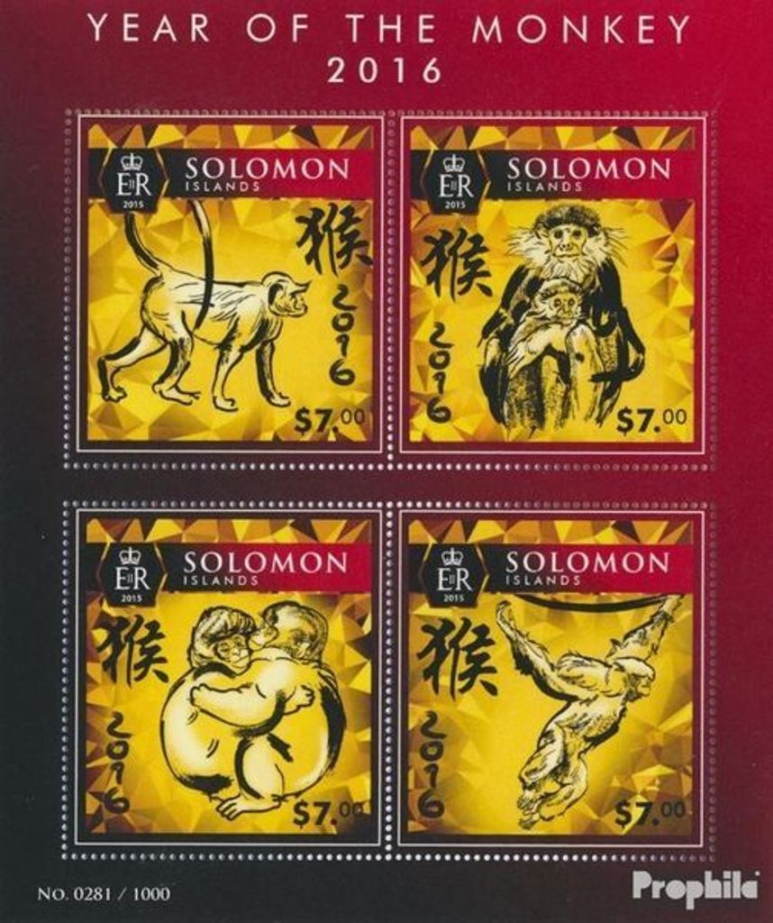 Briefmarken Salomoninseln 2015 Mi 3496-3499 Kleinbogen (kompl. Ausg.) postfrisch Jahr des Affen