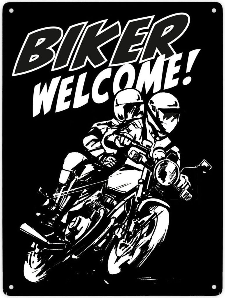 Biker Welcome Metallschild XXL in 28x38 cm in Schwarz zum Thema Motorrad fahren